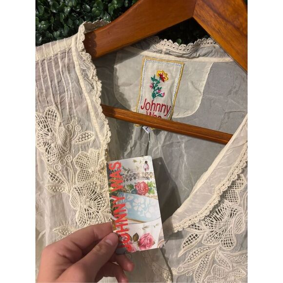 Johnny Was Cream Ivory 3/4 Sleeve Cupra Rayon Boho Embroidered Top Sz Large - Picture 2 of 5